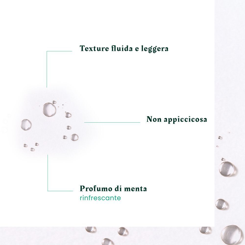Gocce d'acqua. Testo: Texture fluida e leggera, non appiccicosa, profumo di menta.
