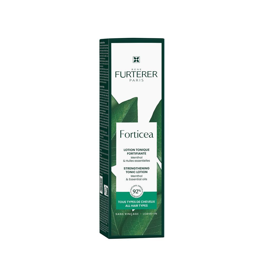 Confezione del prodotto. Scatola verde. Testo: Forticea, Strengthening Tonic Lotion. Logo e testo.