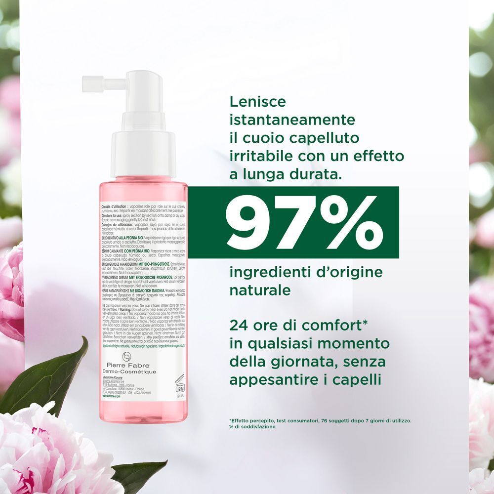 Flacone con vaporizzatore. Liquido rosa. Testo su sfondo verde: 97% ingredienti di origine naturale.