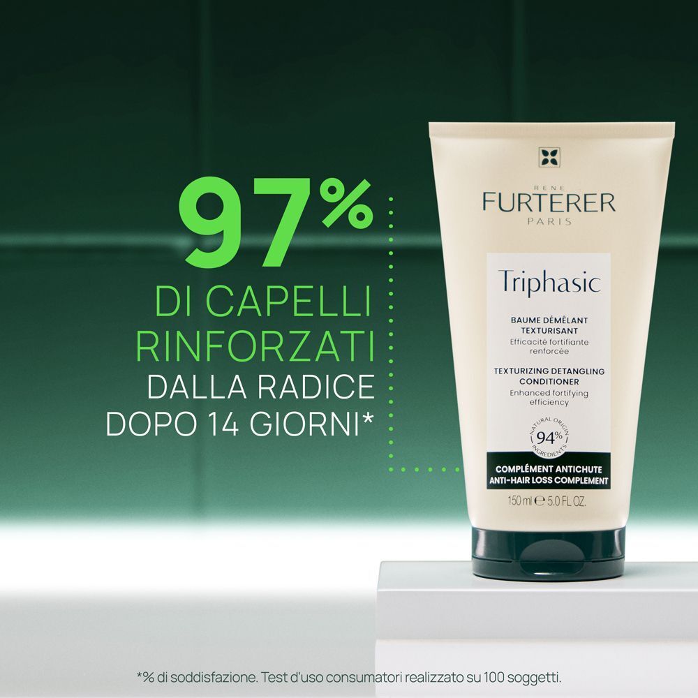 Tubo di balsamo per capelli su sfondo verde. Testo: 97% di capelli rinforzati dopo 14 giorni.