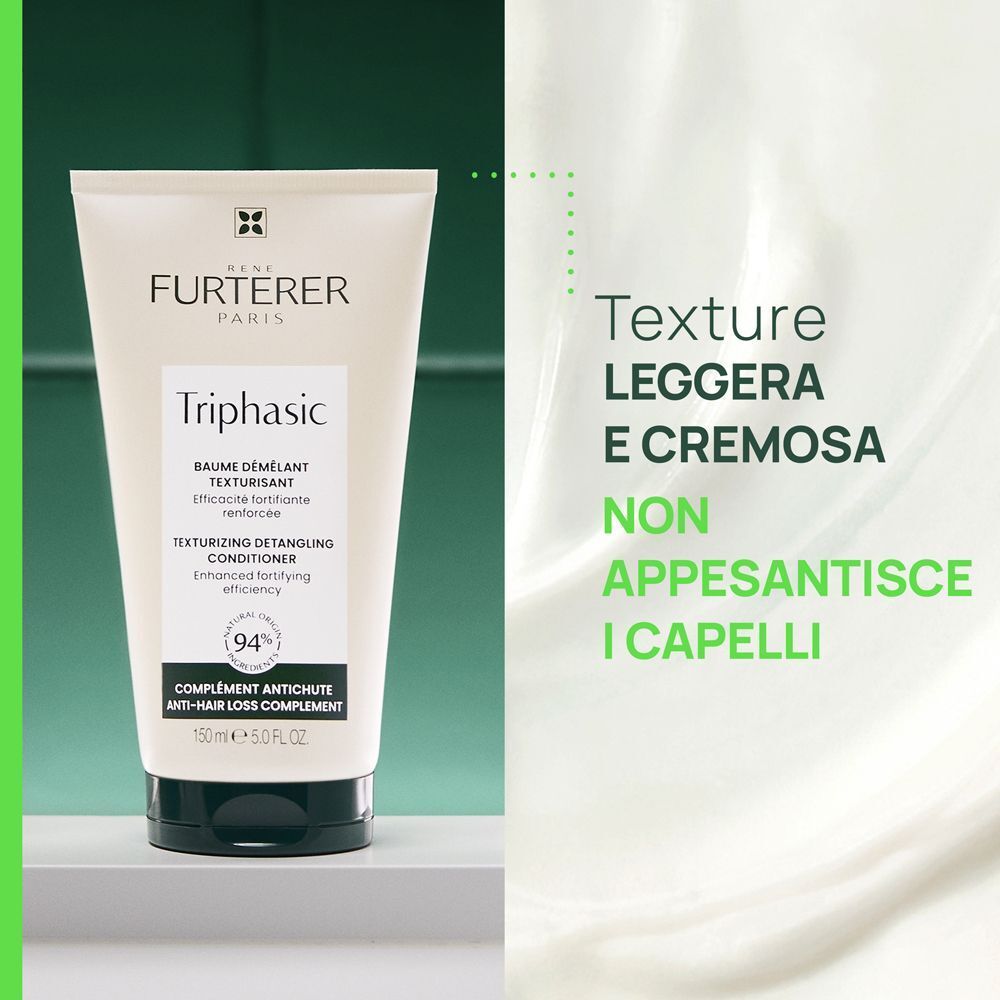 Tubo di balsamo per capelli su sfondo verde. Testo: Texture leggera e cremosa, non appesantisce i capelli.