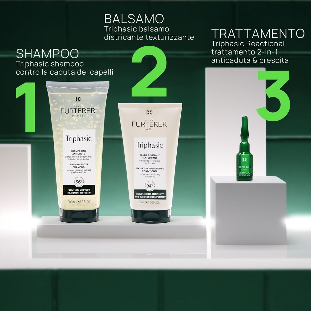 Tre prodotti affiancati: shampoo, balsamo e fiala. Confezione verde e bianca.