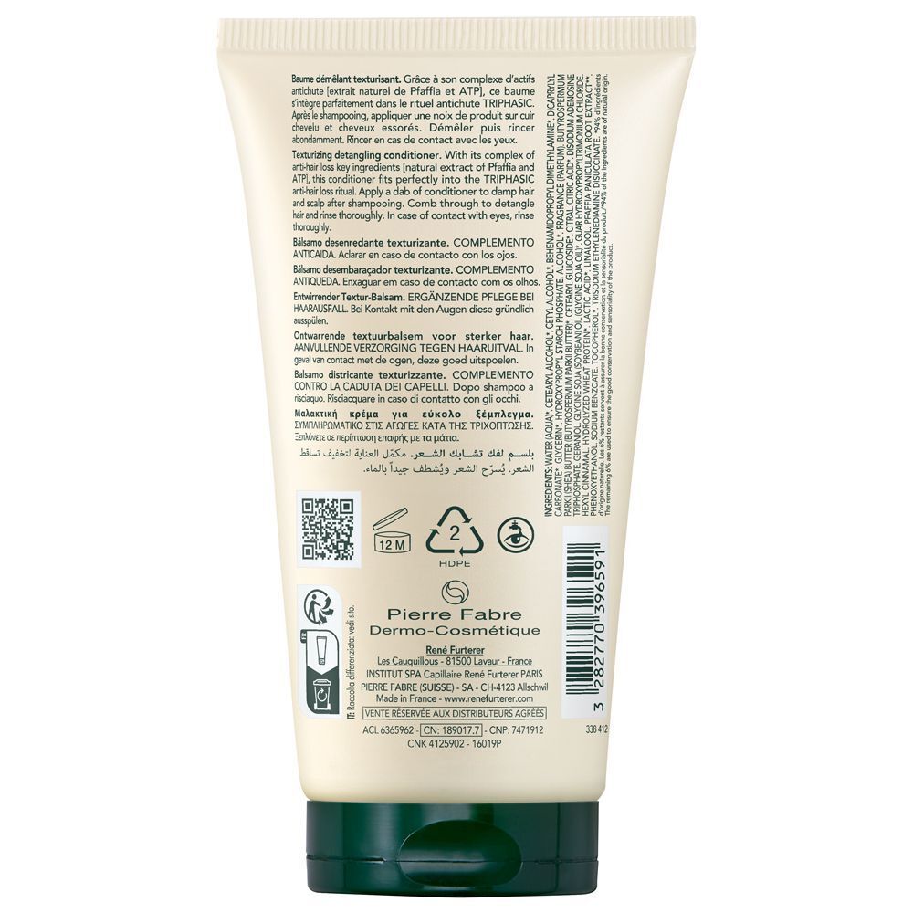 Retro di un tubo di balsamo per capelli. Testo e informazioni sull'uso.