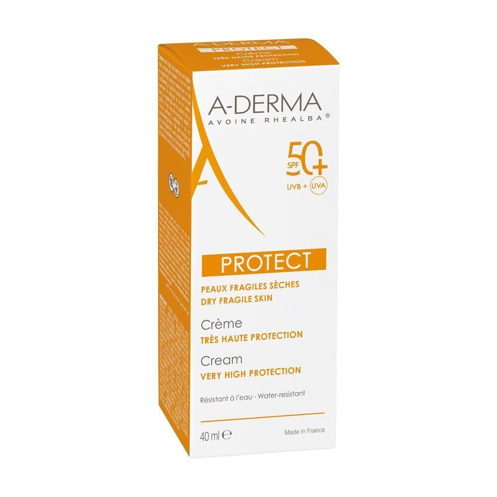 Confezione di cartone per crema solare. Bianca con logo e testo arancione. Contiene SPF 50+ e "PROTECT".