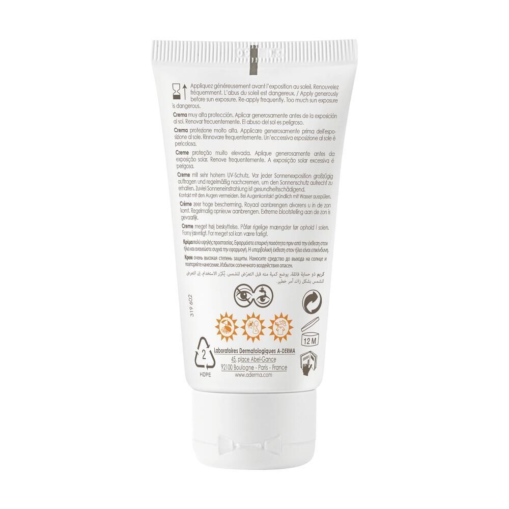 Retro di un tubo di crema solare. Contiene testo multilingue, simboli e indicazione 12M.