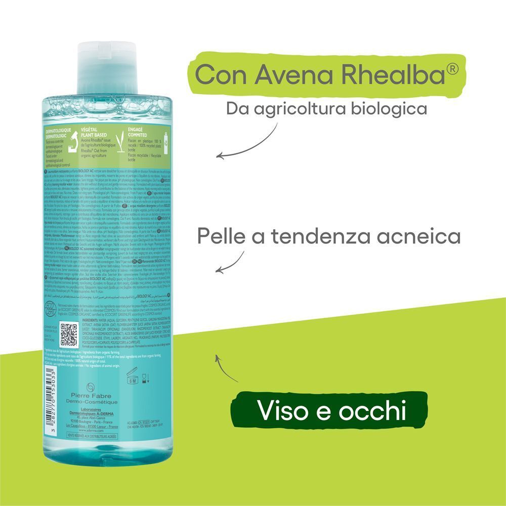 Retro di un flacone A-Derma Biology AC. Testo e frecce indicano informazioni sul prodotto e sugli ingredienti.
