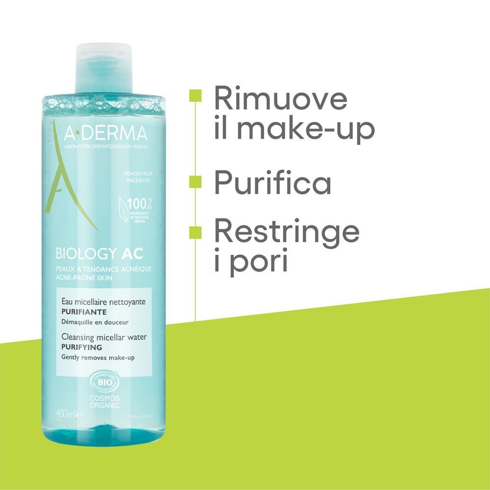 Flacone di acqua micellare A-Derma Biology AC. Il testo indica: rimuove il trucco, purifica, restringe i pori. Sfondo verde.