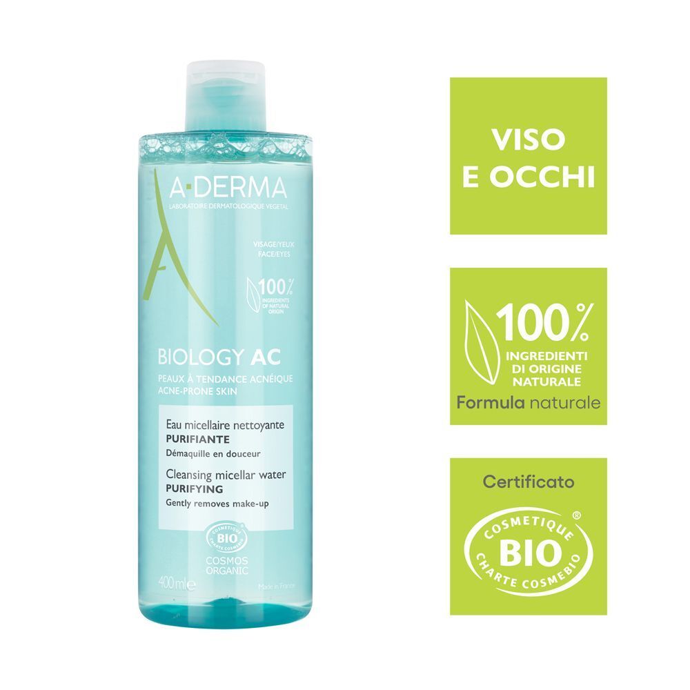 Flacone di acqua micellare A-Derma Biology AC. Testo: per viso e occhi, 100% origine naturale, certificazione bio.