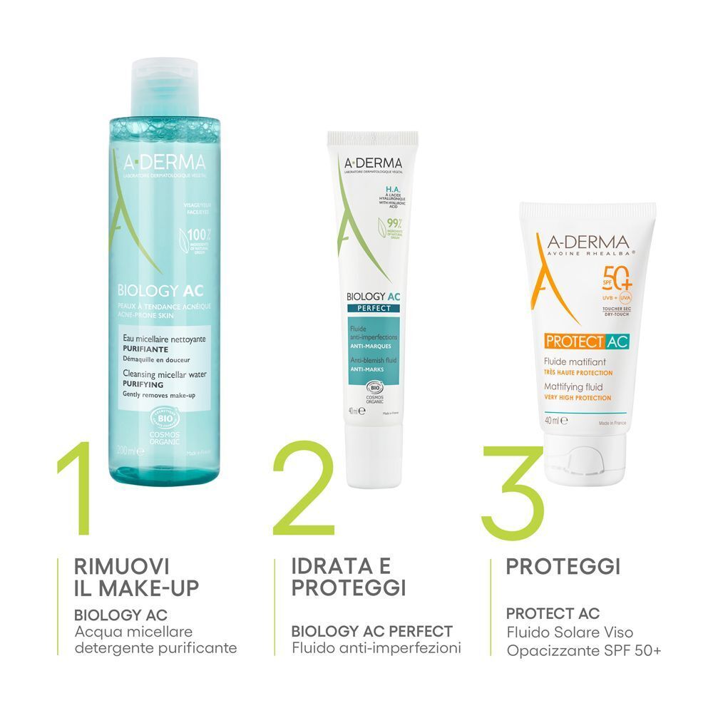 Tre prodotti A-Derma: acqua micellare, fluido anti-imperfezioni, fluido solare opacizzante. Testo: rimuove il trucco, idrata.