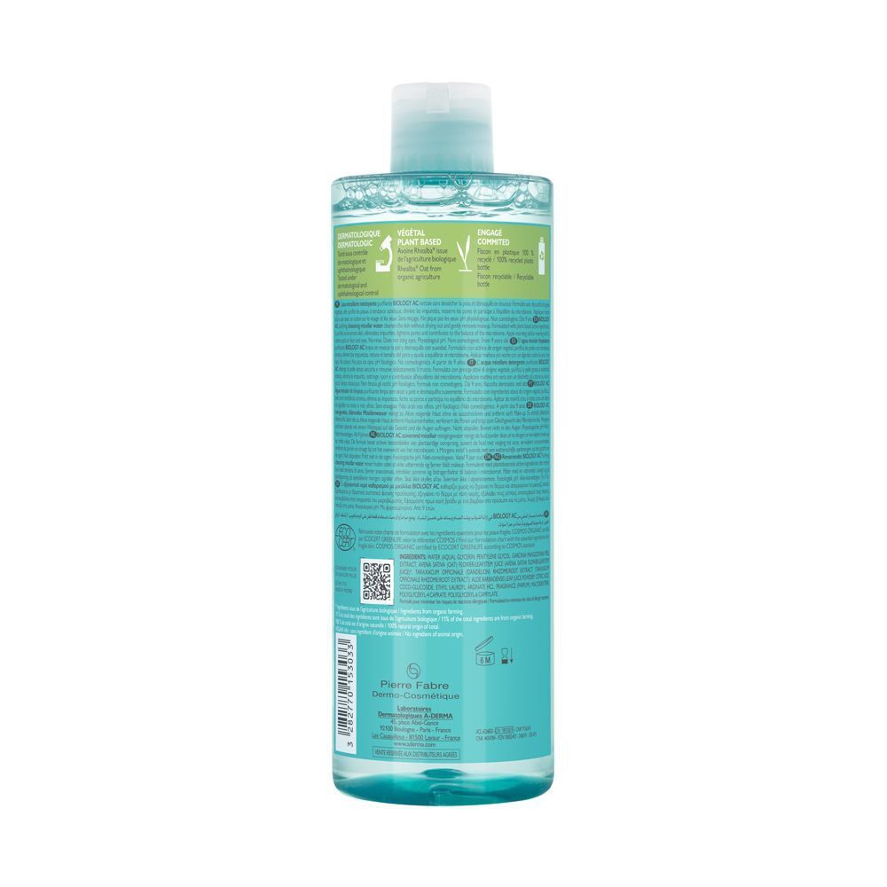 Retro di un flacone di acqua micellare A-Derma Biology AC. Testo e codice QR. Informazioni sul prodotto.
