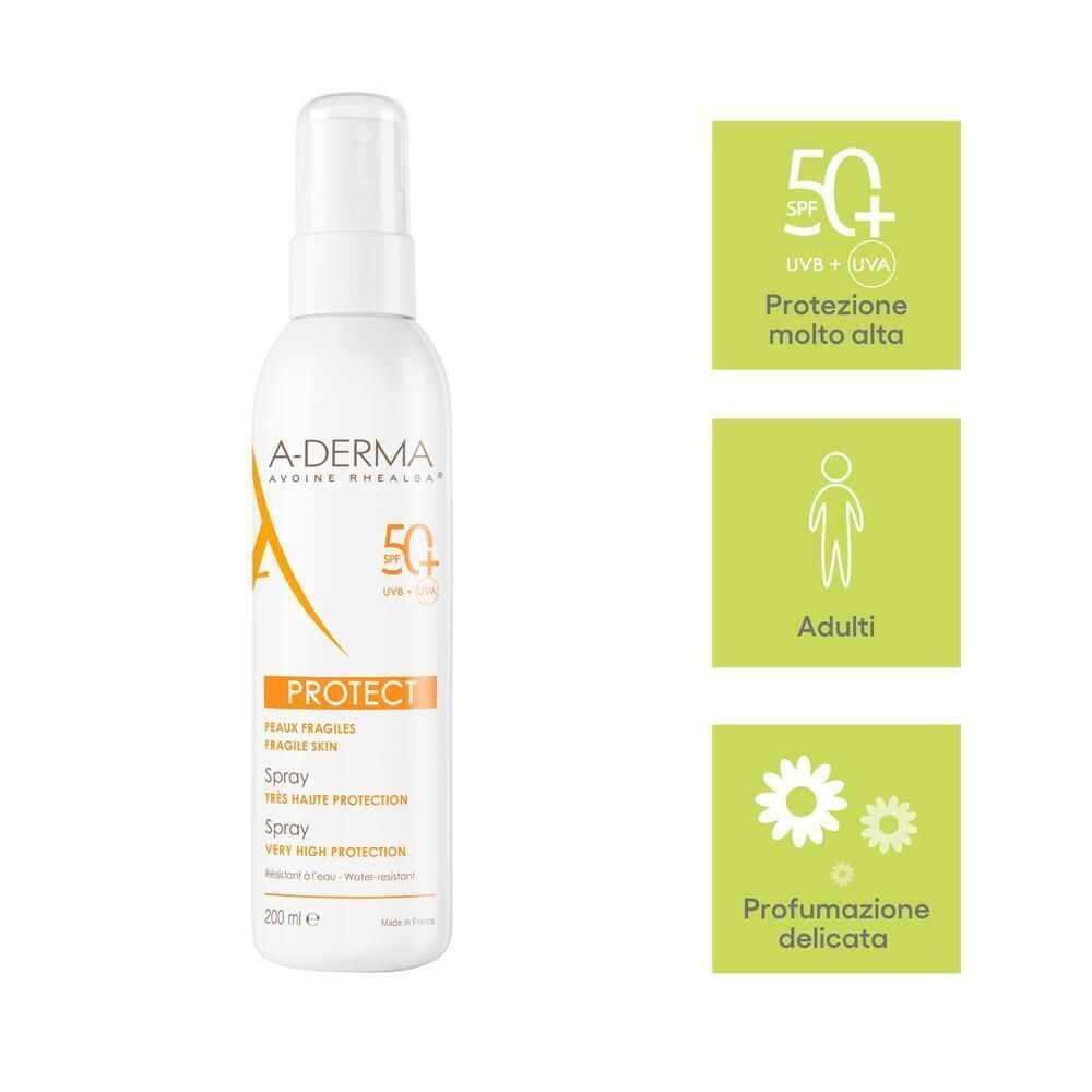 Flacone spray bianco con etichetta arancione. A-DERMA, PROTECT, SPF50+. Simboli: protezione, adulti, profumo delicato.