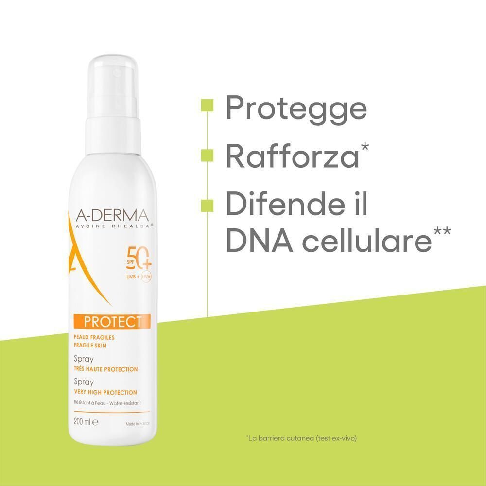 Flacone spray bianco con etichetta arancione. A-DERMA, PROTECT, SPF50+. Testo in italiano. Protegge, rafforza, difende il DNA cellulare.
