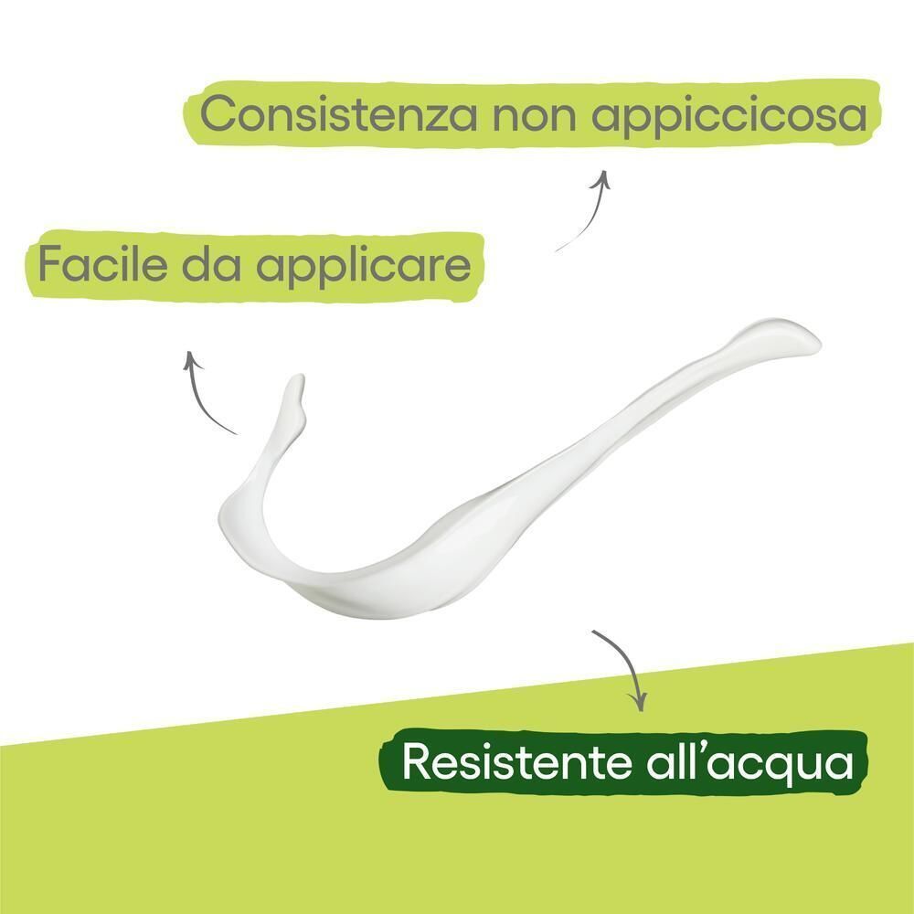Schizzi di liquido bianco. Testo in italiano: Consistenza non appiccicosa, facile da applicare, resistente all'acqua.