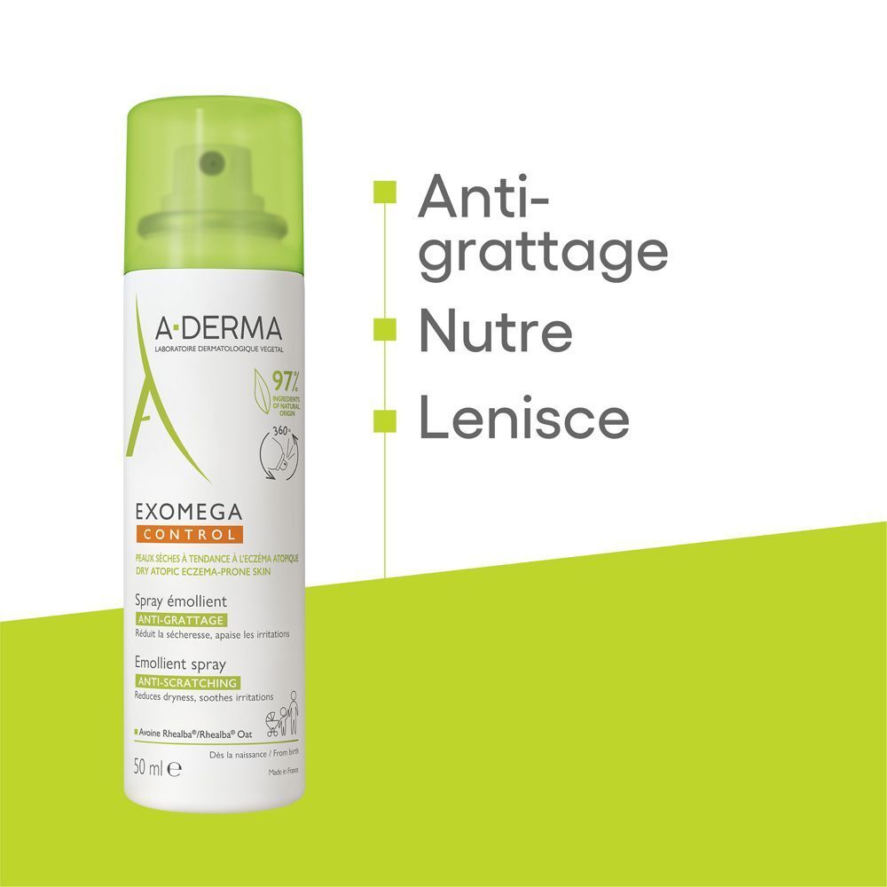 A-DERMA EXOMEGA CONTROL Spray. Tappo verde, flacone bianco. Anti-grattage, Nutre, Lenisce. Campi di testo verdi.