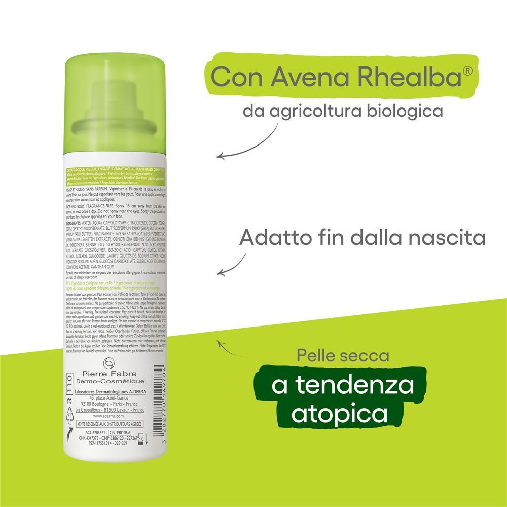 Retro del flacone spray. Testo: Con Avena Rhealba da agricoltura biologica. Adatto fin dalla nascita. Pelle secca a tendenza atopica.