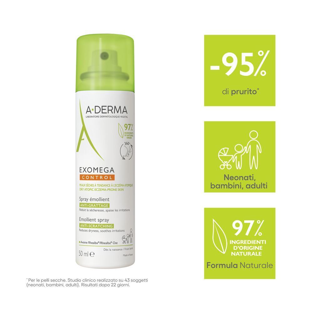 A-DERMA EXOMEGA CONTROL Spray. Tappo verde, flacone bianco. -95% di prurito. Neonati, bambini, adulti. 97% d'origine naturale.