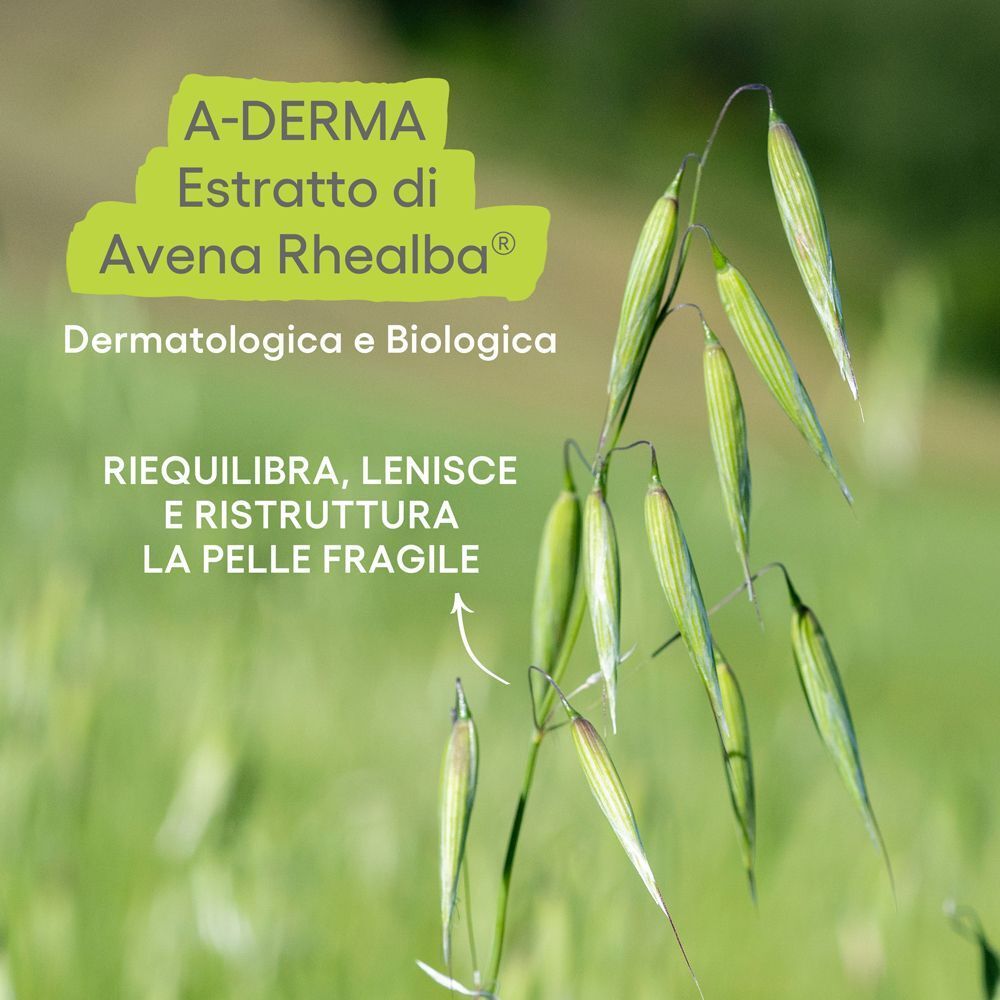 A-DERMA, Estratto di Avena Rhealba. Dermatologica e Biologica. Riequilibra, lenisce e ristruttura la pelle fragile. Spighe.