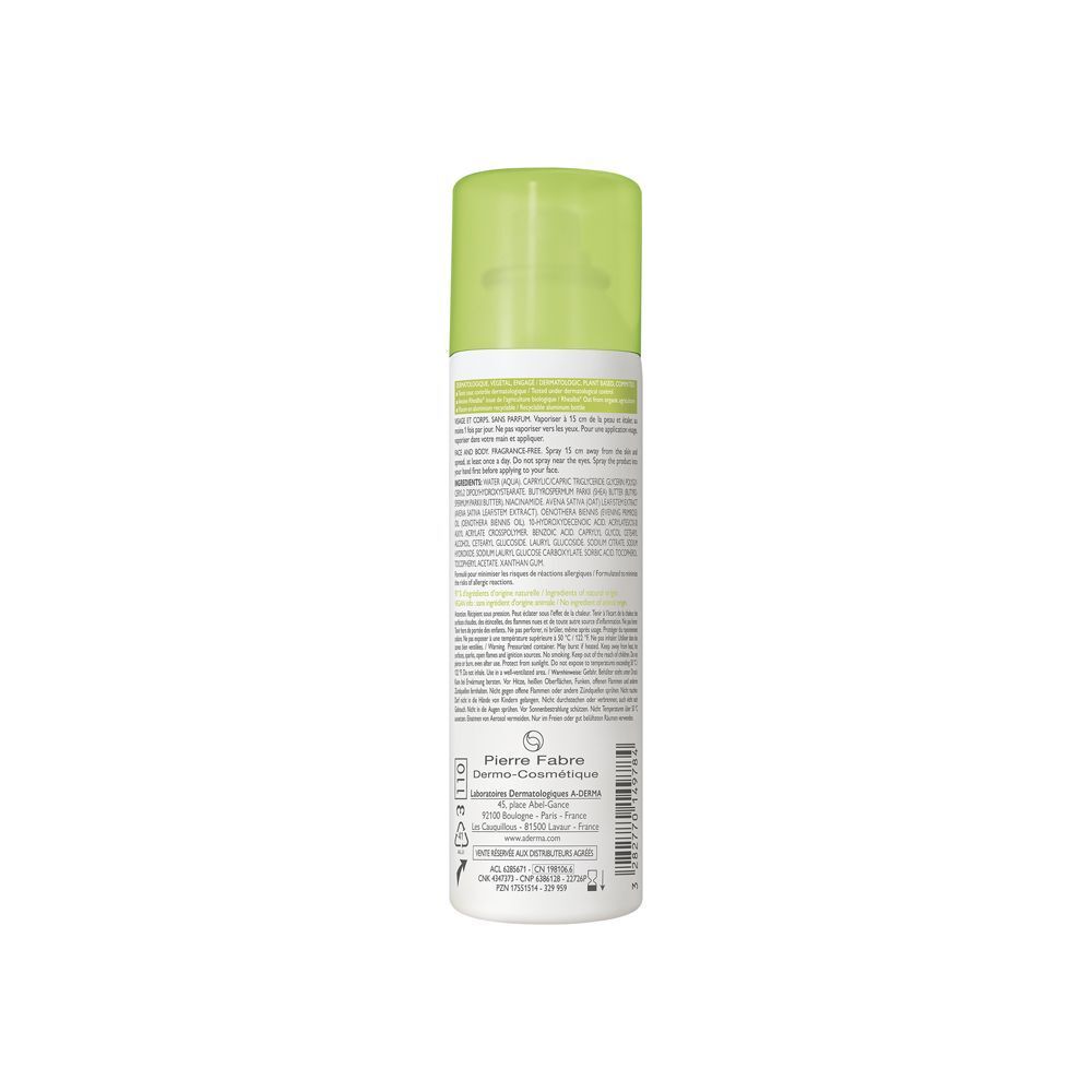 Retro del flacone spray. Testo e loghi. Pierre Fabre. Informazioni sulla produzione e sugli ingredienti.