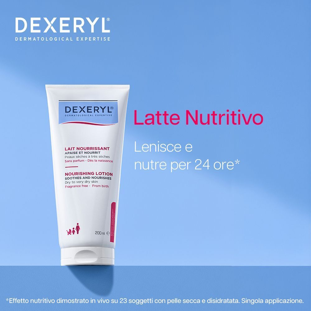 Tubo bianco con etichetta blu e bianca. Scritta: DEXERYL, Lait Nourrissant, Nourishing Lotion. Testo: Latte Nutritivo. Lenisce e nutre per 24 ore.