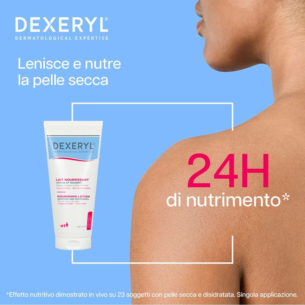 Tubo bianco con etichetta blu e bianca. Scritta: DEXERYL, Lait Nourrissant, Nourishing Lotion. Testo: 24H di nutrimento. Pelle con prodotto.