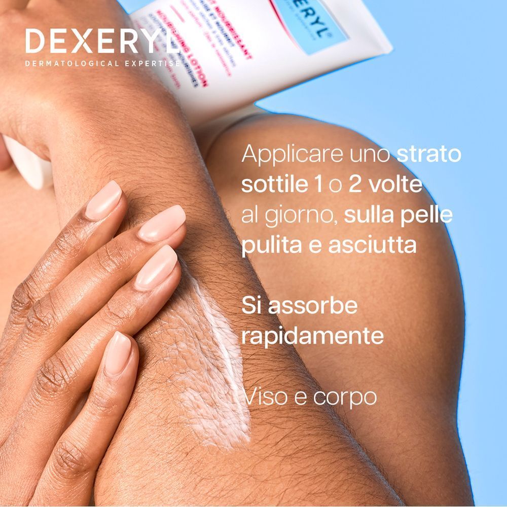 Braccio con prodotto. Testo: Applicare uno strato sottile 1 o 2 volte al giorno, sulla pelle pulita e asciutta. Si assorbe rapidamente. Viso e corpo.