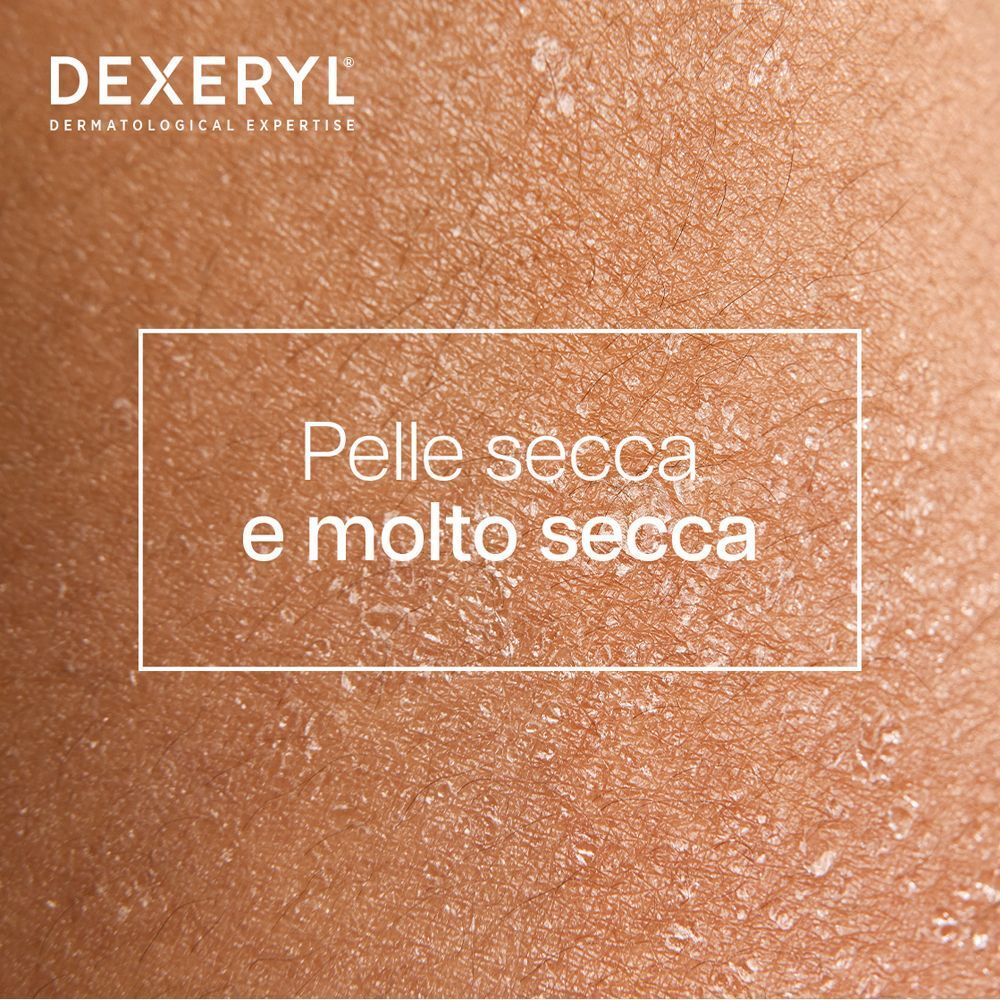 Primo piano di pelle secca. Testo: Pelle secca e molto secca.