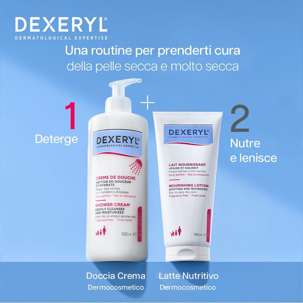 Due prodotti: Creme de douche e Lait Nourrissant. Testo: Deterge, Nutre e lenisce. Dermocosmetico.