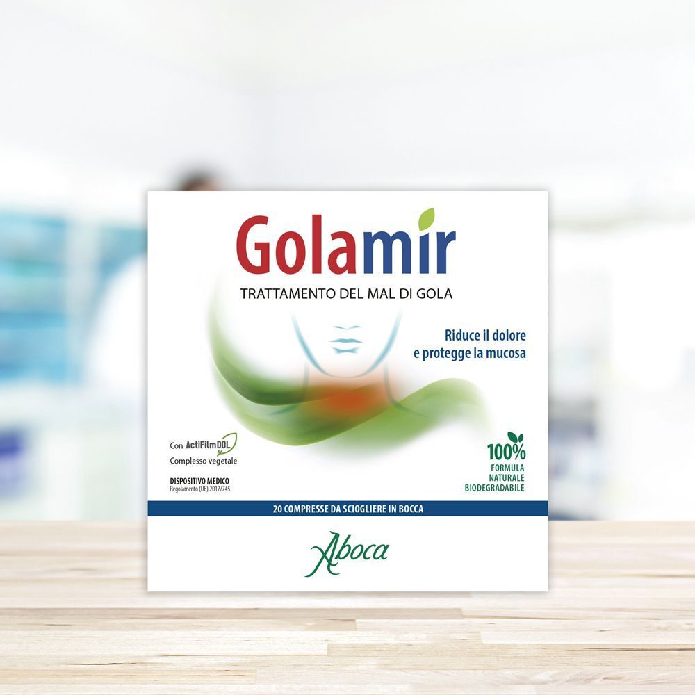 Confezione Golamir. Scatola bianca con scritta rossa e verde. Logo Aboca. 20 compresse.