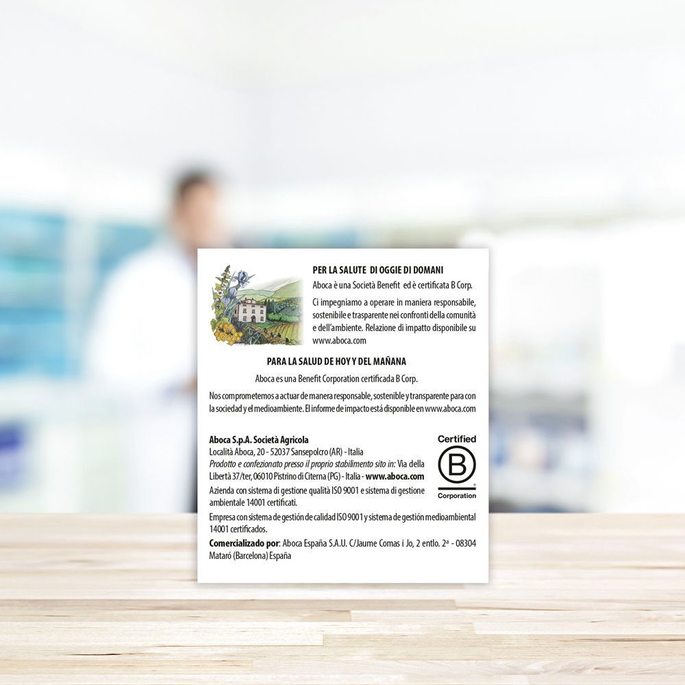Retro della confezione con testo in italiano. Informazioni su Aboca e certificazioni. Logo B Corp.