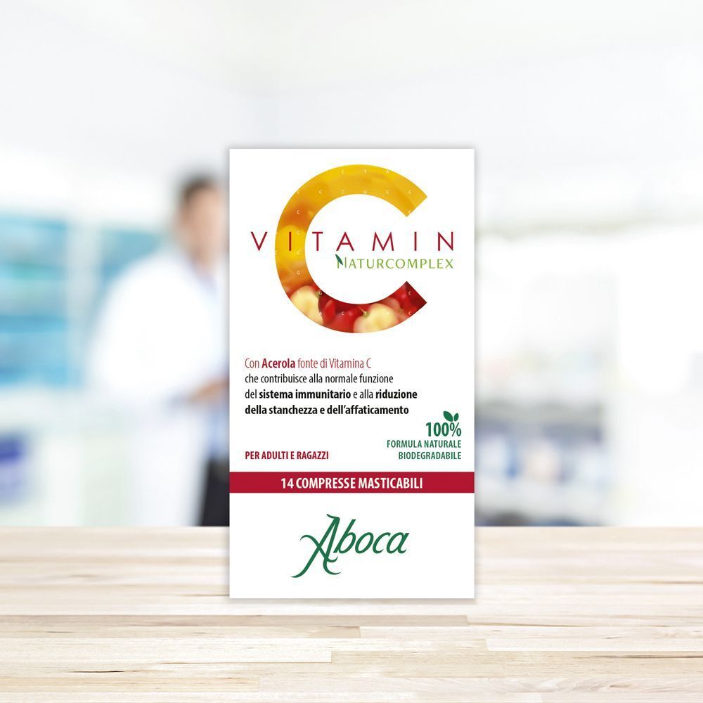 Confezione Aboca Vitamin C Naturcomplex. Scritte: Vitamin C Naturcomplex, 14 Compresse masticabili. Formula naturale al 100%. Logo Aboca.