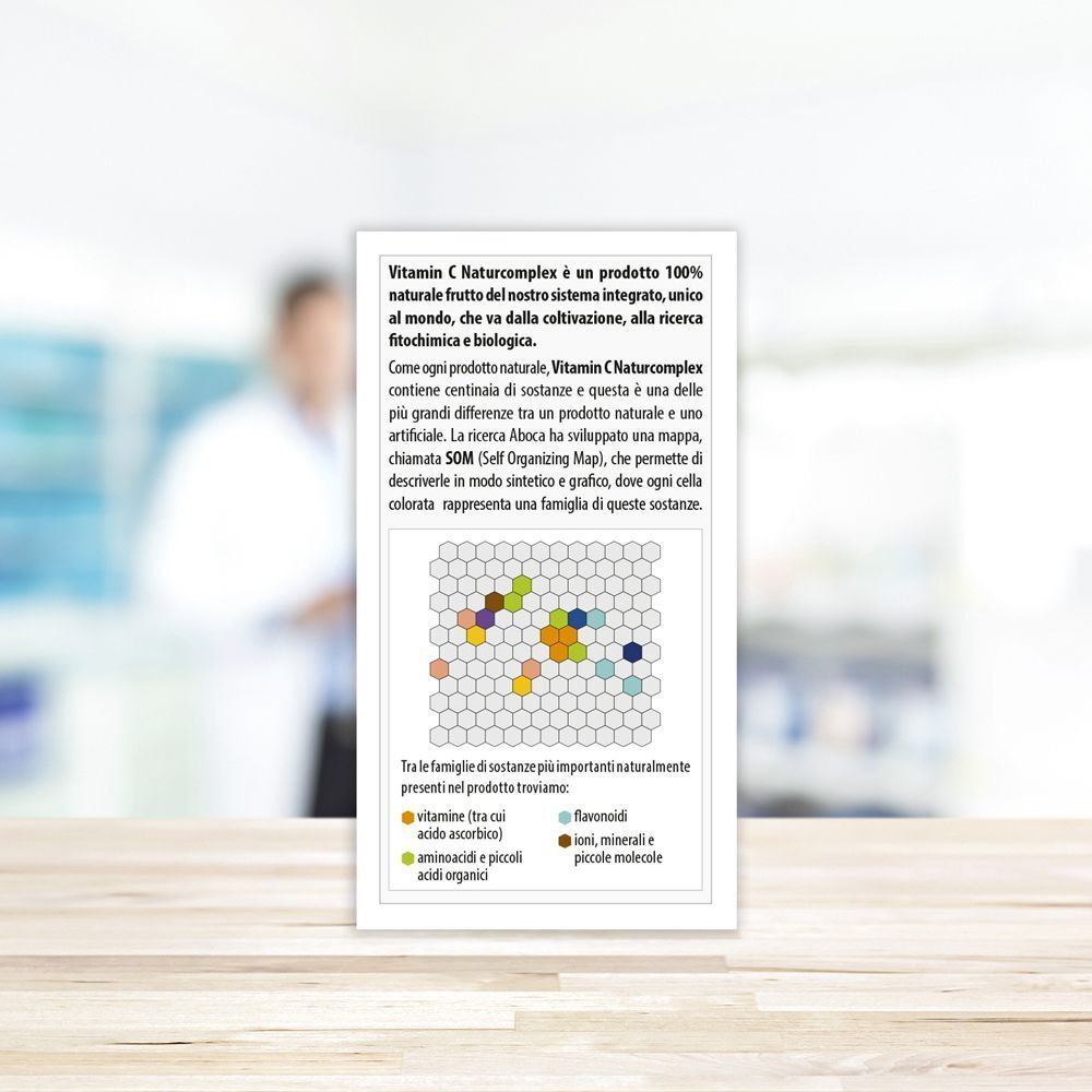 Retro della confezione Aboca Vitamin C Naturcomplex. Testo e grafica colorata. Informazioni su ingredienti e componenti.