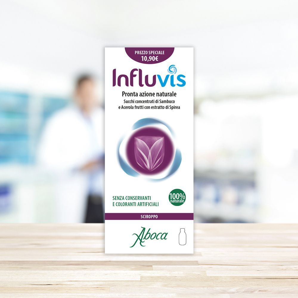 Confezione di Influvis Sciroppo. Scritte: nome prodotto, prezzo, logo, ingredienti, 100% naturale, Aboca. Sfondo: persona sfocata.