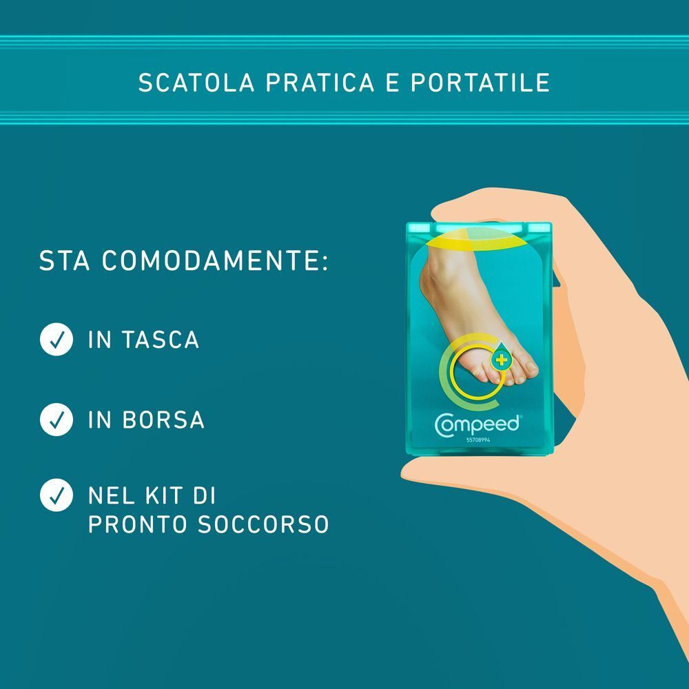 Mano che tiene una confezione di COMPEED® Cerotti per Calli. Testo: Sta in tasca, in borsa e nel kit di pronto soccorso.