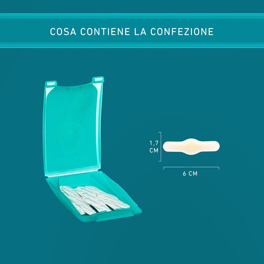 Confezione aperta di COMPEED® Cerotti per Calli. Mostra cerotti e dimensioni: 1,7 cm x 6 cm.