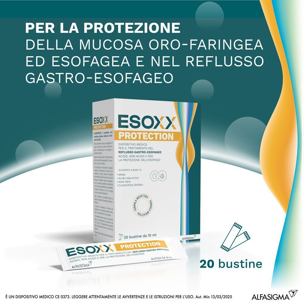 Confezione e bustina singola Esoxx Protection. Testo: Per la protezione della mucosa oro-faringea ed esofagea.