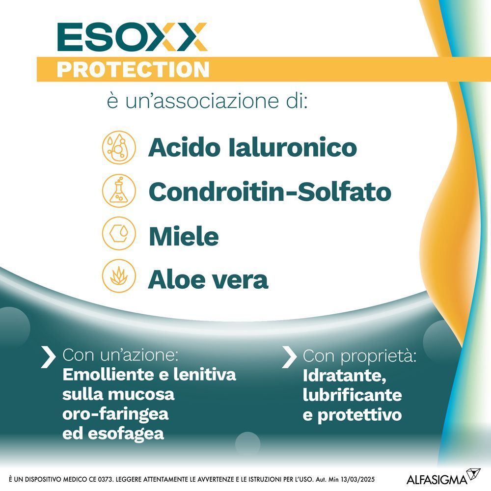 Logo Esoxx Protection. Ingredienti: acido ialuronico, condroitin solfato, miele, aloe vera. Proprietà: idratante, protettivo.