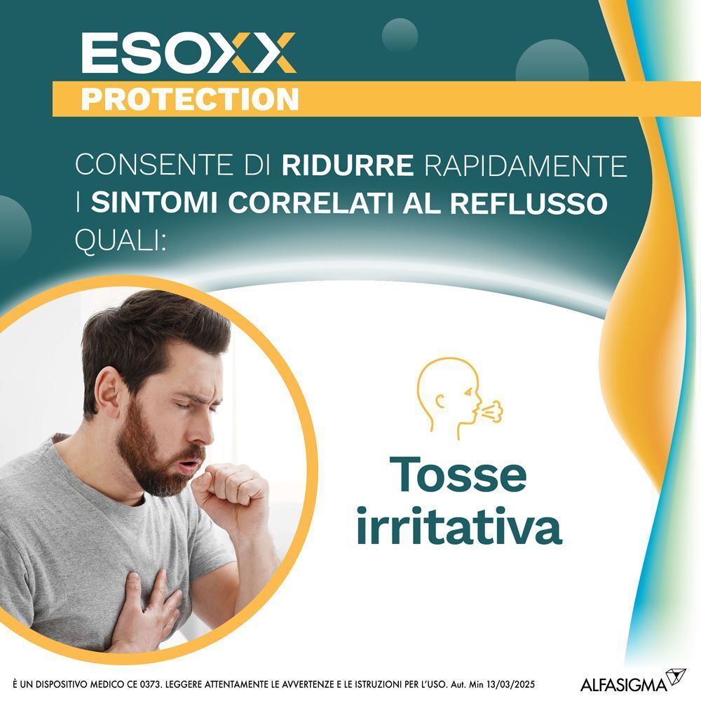Uomo che tossisce. Testo: Riduce i sintomi legati al reflusso. Sintomo: tosse irritativa.