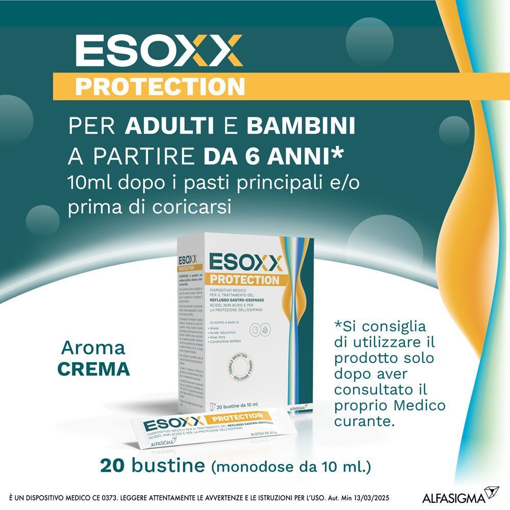 Confezione Esoxx Protection. Per adulti e bambini a partire da 6 anni. Aroma Crema. 20 bustine (10 ml).