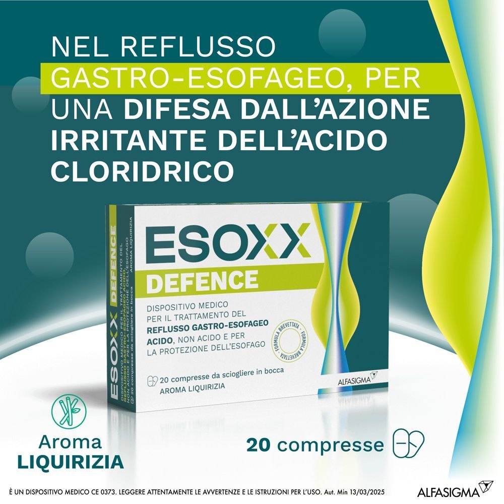 Pubblicità per Esoxx Defence. Scatola bianca con accenti verdi e gialli. Testo: Esoxx Defence, 20 compresse, Aroma Liquirizia.