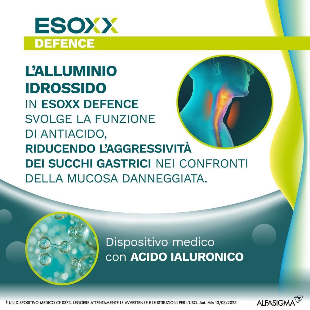 Esoxx Defence. Testo: L'alluminio idrossido in Esoxx Defence svolge la funzione di antiacido. Dispositivo medico con Acido Ialuronico.