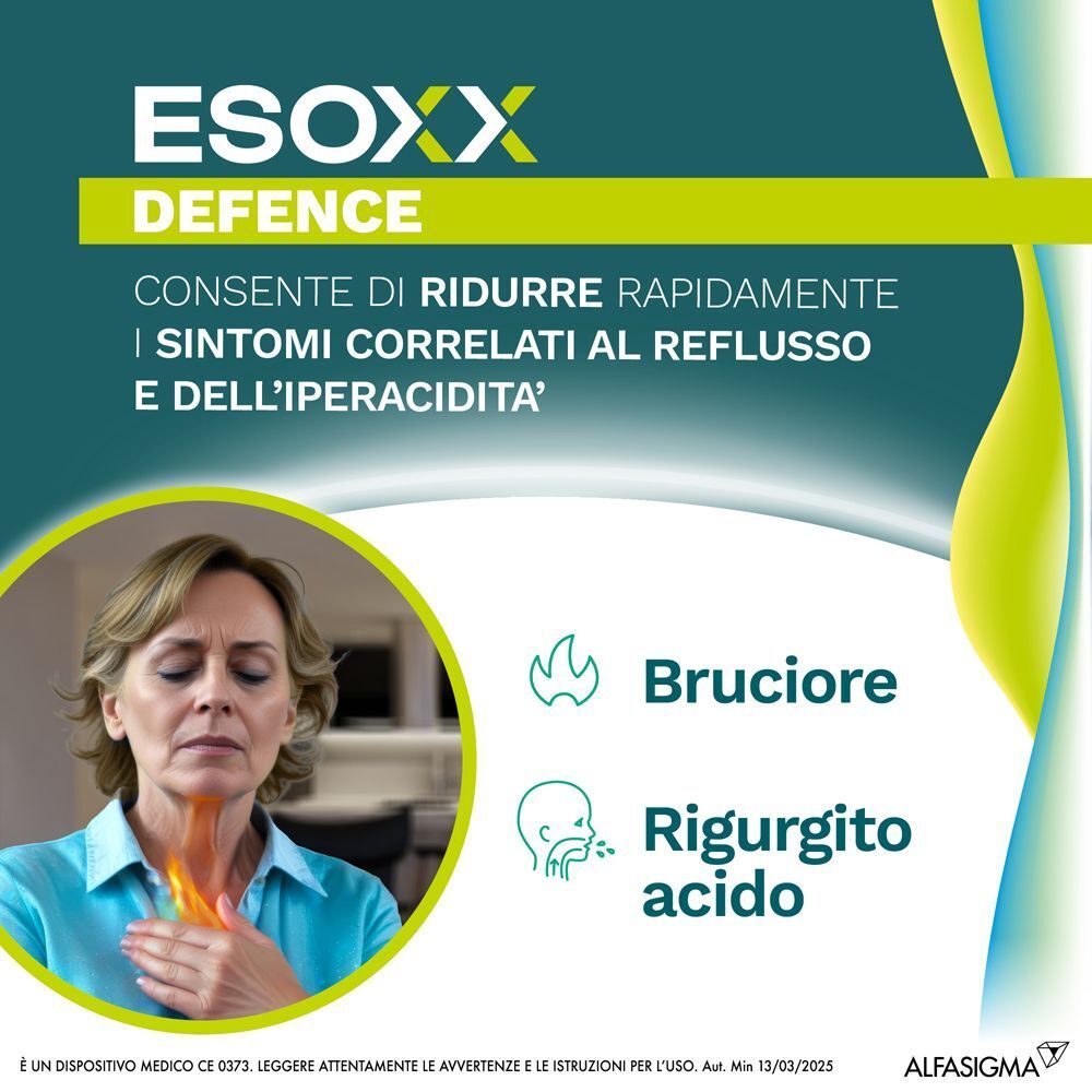 Esoxx Defence. Donna con problemi alla gola. Testo: Consente di ridurre rapidamente i sintomi correlati al reflusso e dell'iperacidità.