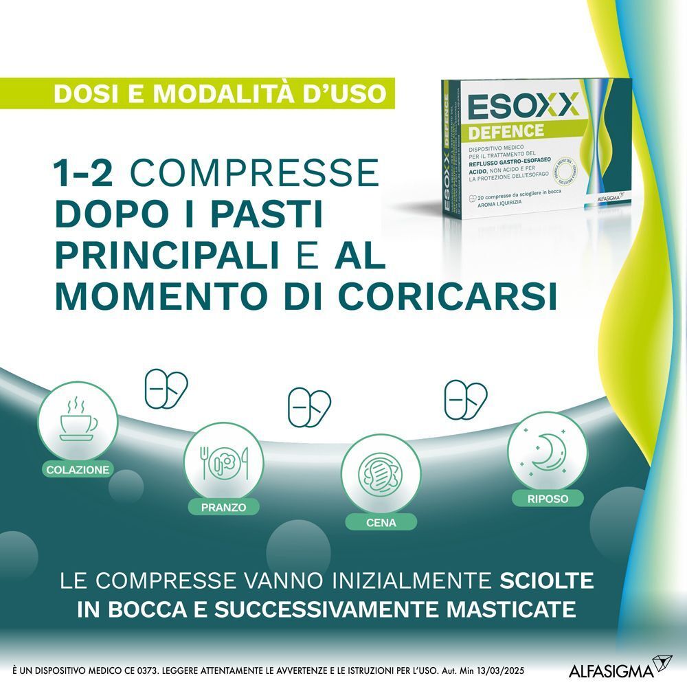 Esoxx Defence. Testo: 1-2 compresse dopo i pasti e prima di coricarsi. Illustrazioni di pasti e sonno.