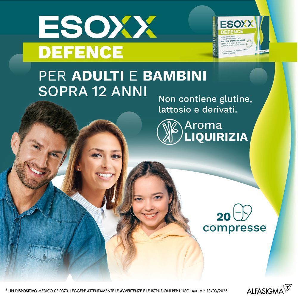 Esoxx Defence. Tre persone sorridono. Testo: Per adulti e bambini sopra i 12 anni. 20 compresse. Aroma Liquirizia.