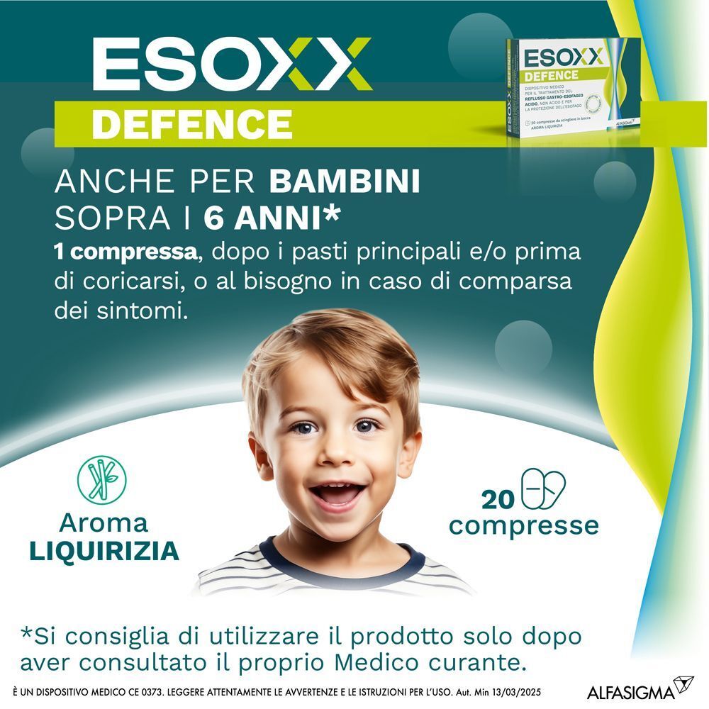 Esoxx Defence. Bambino sorridente. Testo: Anche per bambini sopra i 6 anni. 20 compresse. Aroma Liquirizia. 1 compressa dopo i pasti.