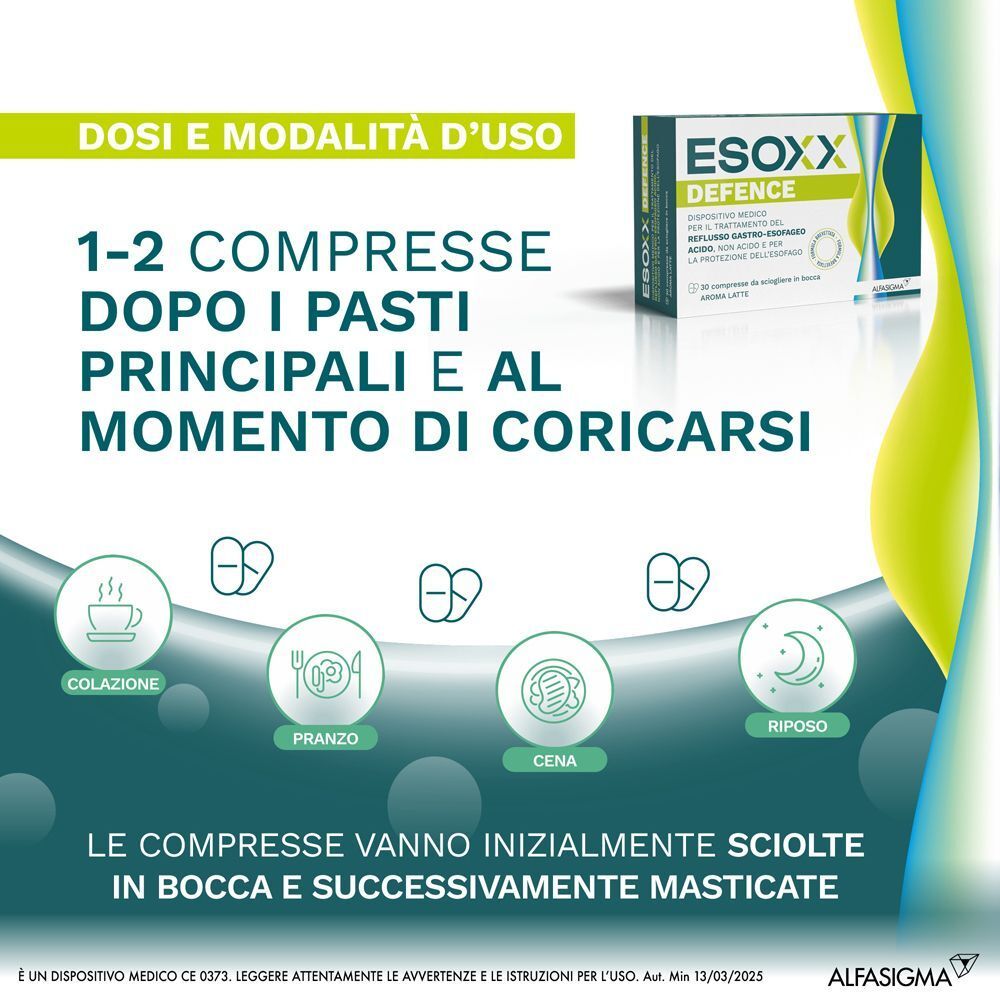 Pubblicità Esoxx Defence. Testo: Esoxx Defence. Dosaggio: 1-2 compresse dopo i pasti e prima di coricarsi.