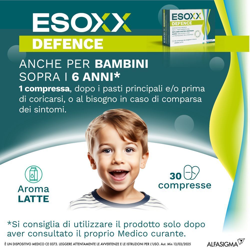 Pubblicità Esoxx Defence. Bambino. Testo: Esoxx Defence. Testo: Anche per bambini sopra i 6 anni. 30 compresse.