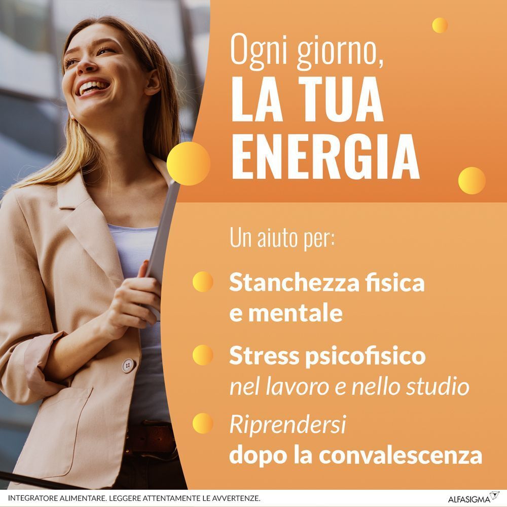 Una donna sorride. Testo: Ogni giorno, LA TUA ENERGIA. Aiuta la stanchezza fisica e mentale.