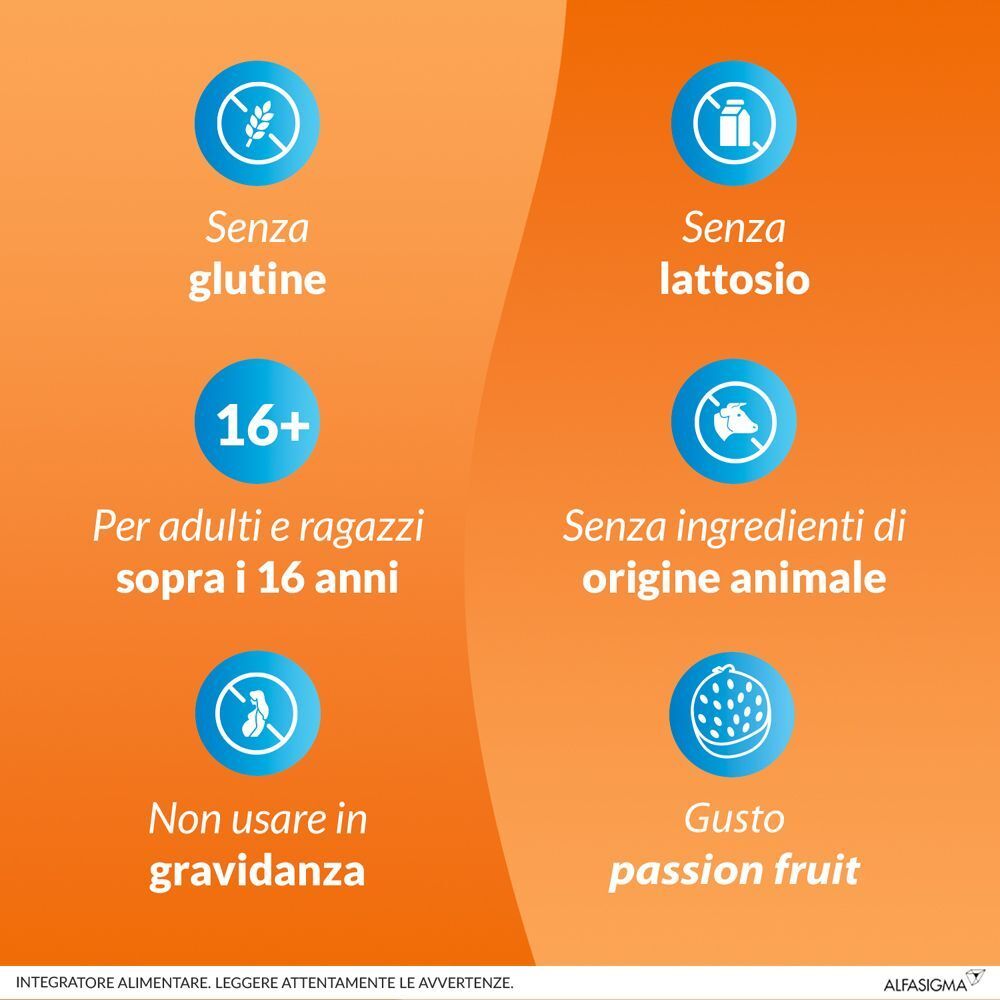 Infografica: Senza glutine, senza lattosio, per adulti e ragazzi sopra i 16 anni, senza ingredienti animali.