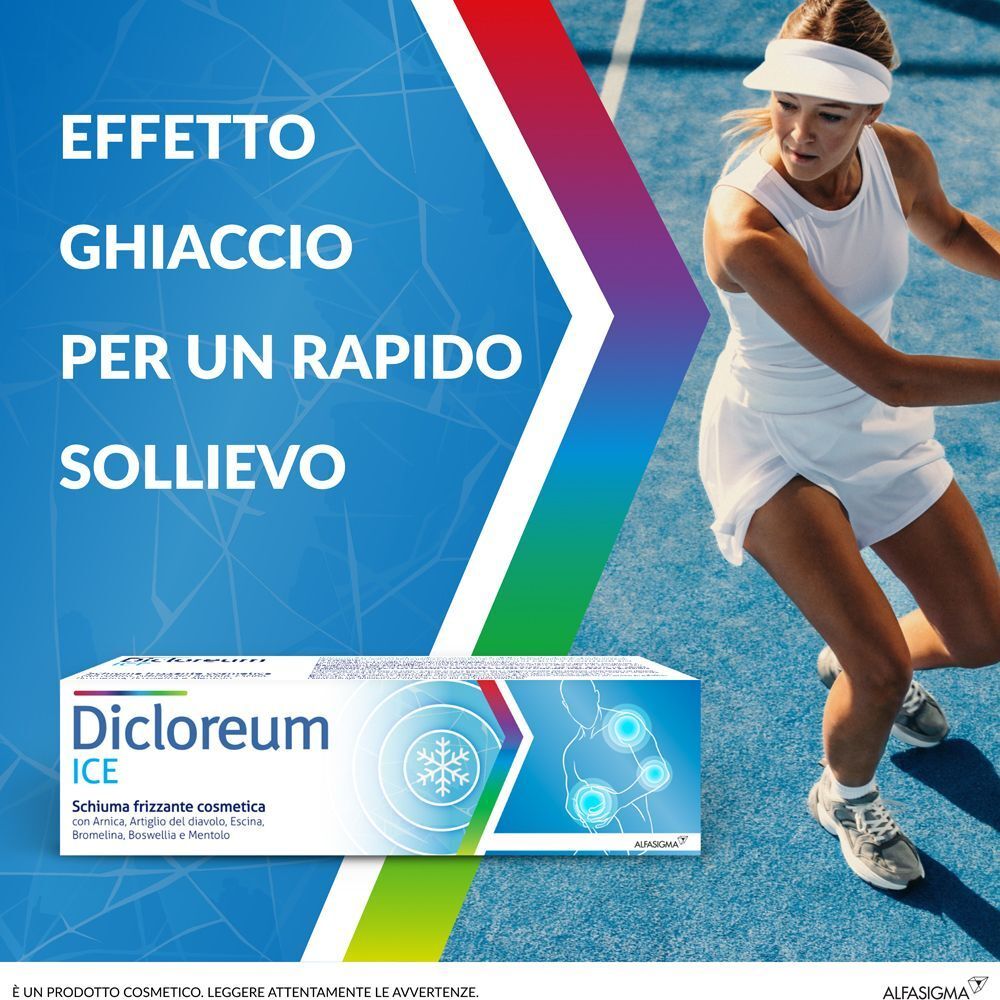Una donna gioca a tennis. Testo: EFFETTO GHIACCIO PER UN RAPIDO SOLLIEVO. Confezione prodotto: Dicloreum ICE Schiuma frizzante cosmetica.