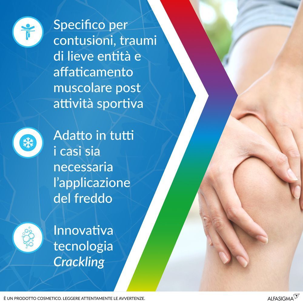 Testo su sfondo blu. Specifico per contusioni, traumi lievi e affaticamento muscolare post attività sportiva. Adatto in tutti i casi sia necessaria il freddo.